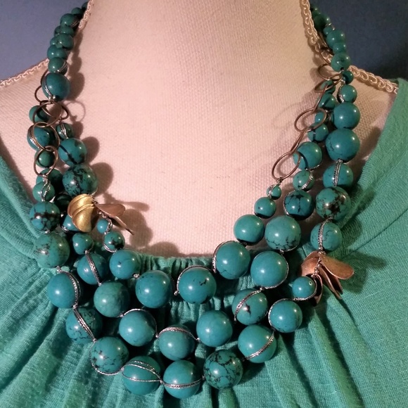 Turquoise Blue Riverstone Brass Beaded Necklace - Picture 4 of 6